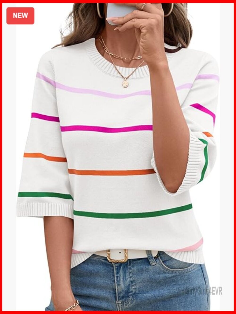 Lightweight Striped Pullover Sweater 3/4 Sleeve Crew Neck S-XL